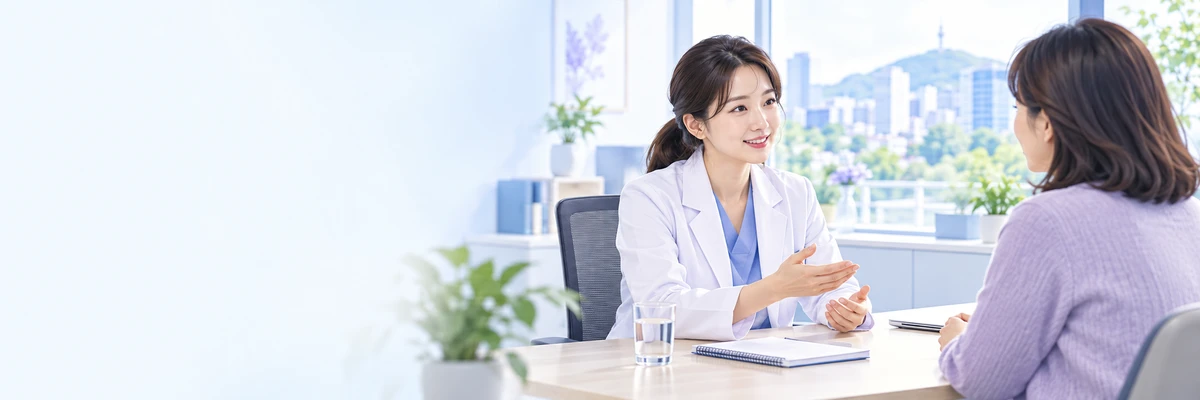 의료진과 환자가 증상을 이야기하는 안내용 그림